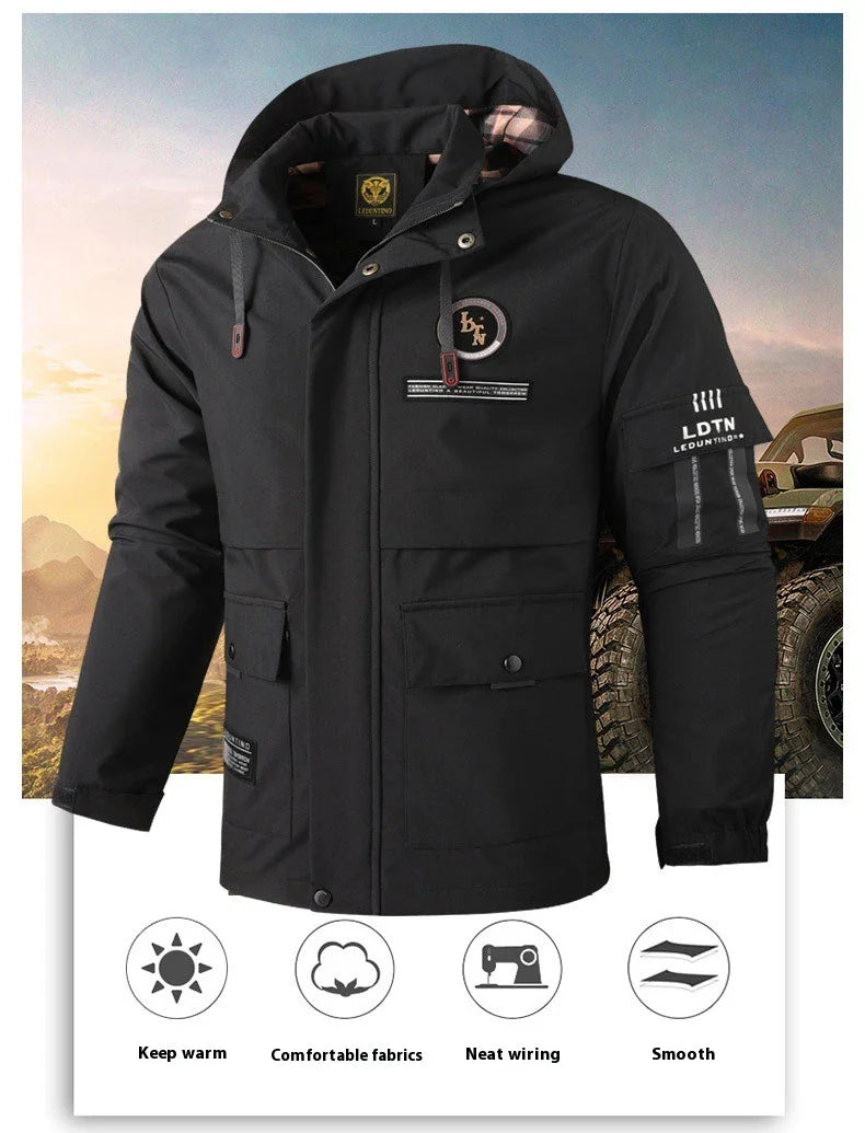 Premium waterproof hooded jacket in black, red, and white colours with dimensional patch pockets and a straight hem design.