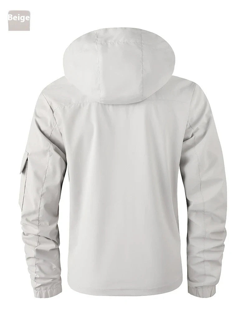 Premium waterproof hooded jacket in black, red, and white colours with dimensional patch pockets and a straight hem design.