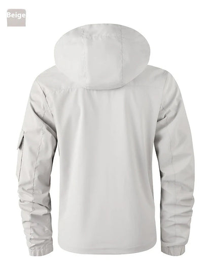 Premium waterproof hooded jacket in black, red, and white colours with dimensional patch pockets and a straight hem design.