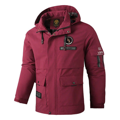 Premium waterproof hooded jacket in black, red, and white colours with dimensional patch pockets and a straight hem design.