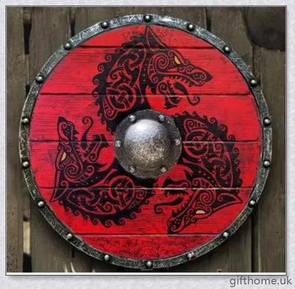 Authentic battle-worn Viking shield with two ravens design and iron spikes, adorned with Celtic buckle and rune characters