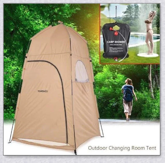 Portable camping shower tent in green, blue, and grey colours, providing instant privacy for outdoor activities