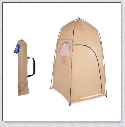 Portable camping shower tent in green, blue, and grey colours, providing instant privacy for outdoor activities