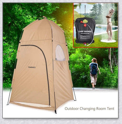 Portable camping shower tent in green, blue, and grey colours, providing instant privacy for outdoor activities