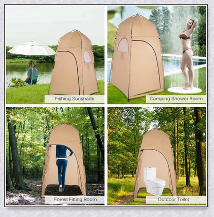 Portable camping shower tent in green, blue, and grey colours, providing instant privacy for outdoor activities