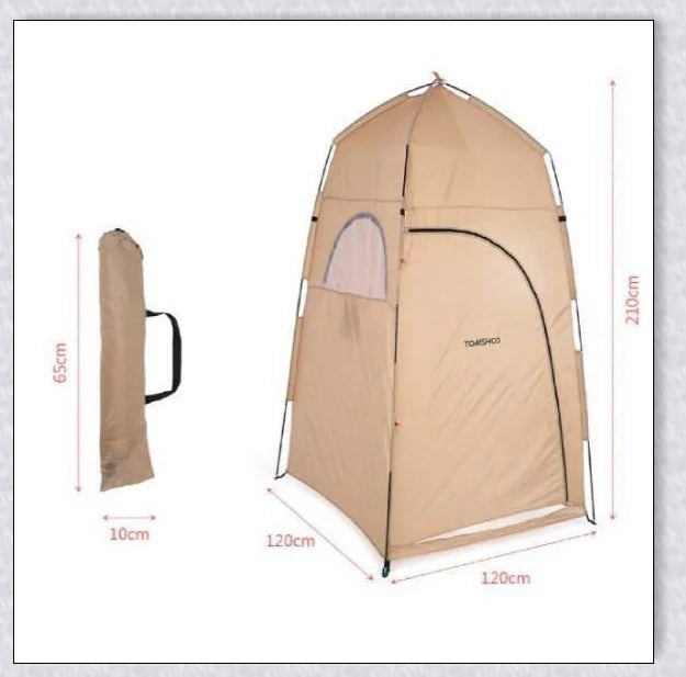 Portable camping shower tent in green, blue, and grey colours, providing instant privacy for outdoor activities