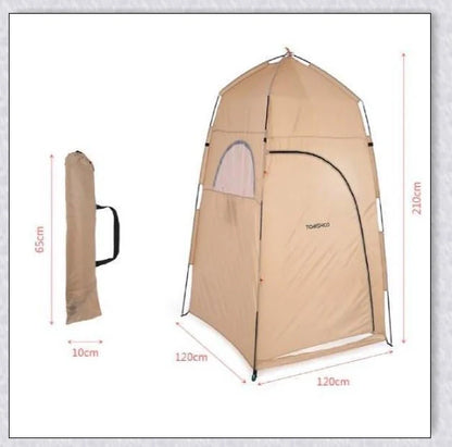 Portable camping shower tent in green, blue, and grey colours, providing instant privacy for outdoor activities