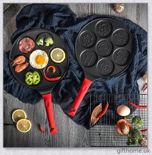 Aluminium alloy non-stick seven-hole breakfast frying pan with silicone handle for easy and even cooking