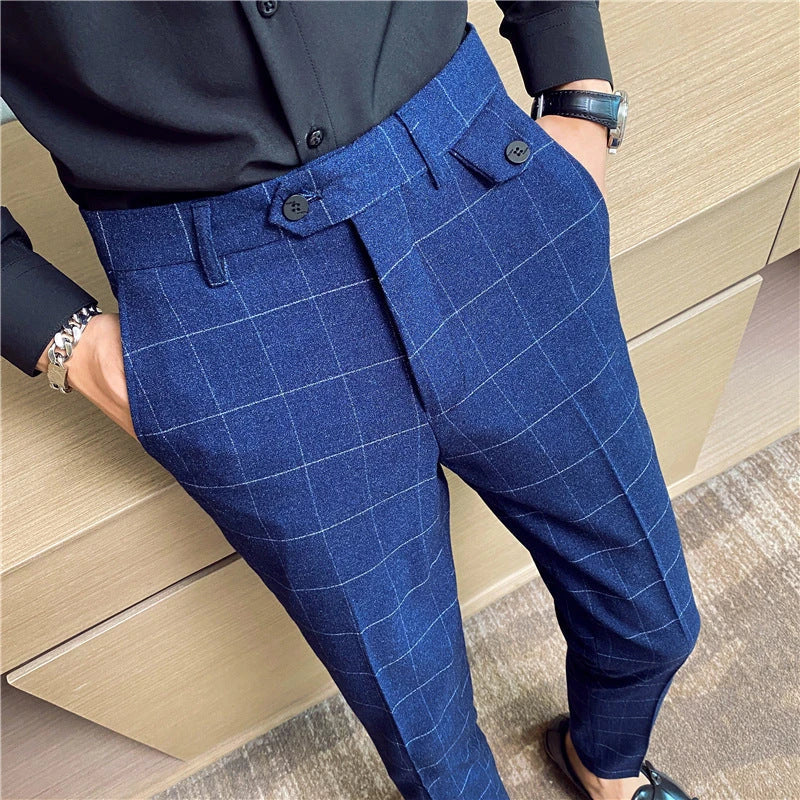 Korean-style checkered slim fit men's pencil pants in grey, black, and blue colors