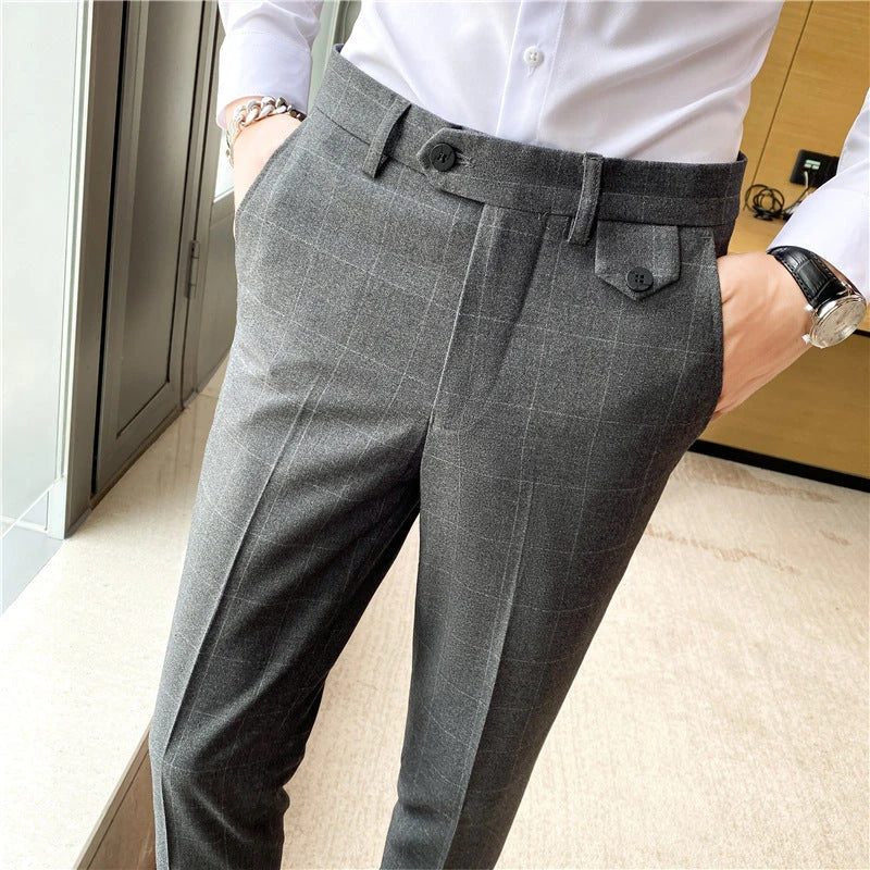 Korean-style checkered slim fit men's pencil pants in grey, black, and blue colors