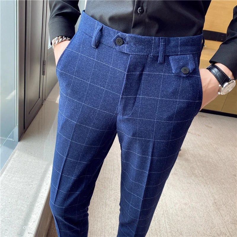 Korean-style checkered slim fit men's pencil pants in grey, black, and blue colors