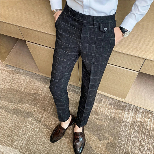 Korean-style checkered slim fit men's pencil pants in grey, black, and blue colors