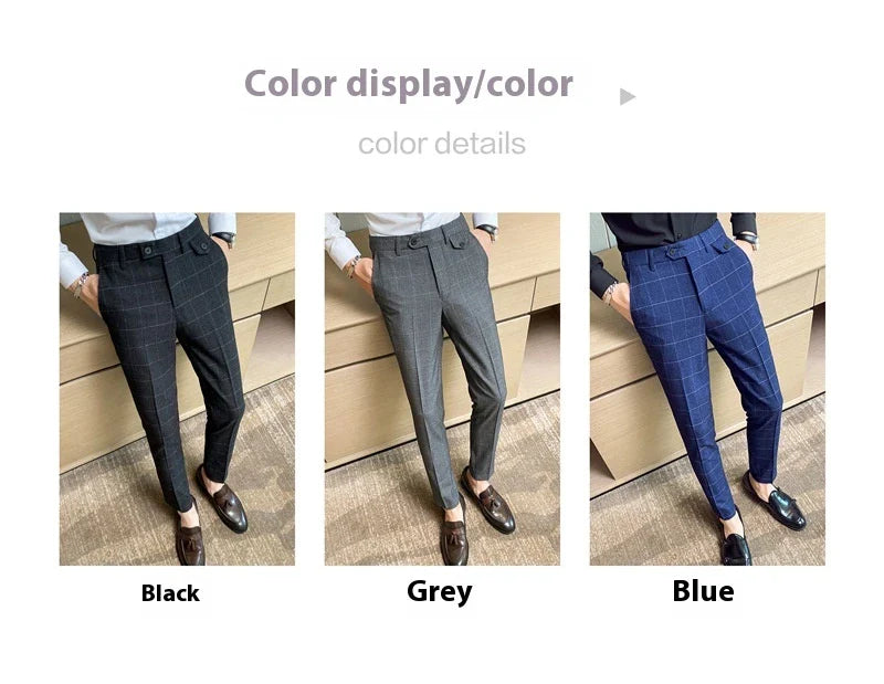 Korean-style checkered slim fit men's pencil pants in grey, black, and blue colors