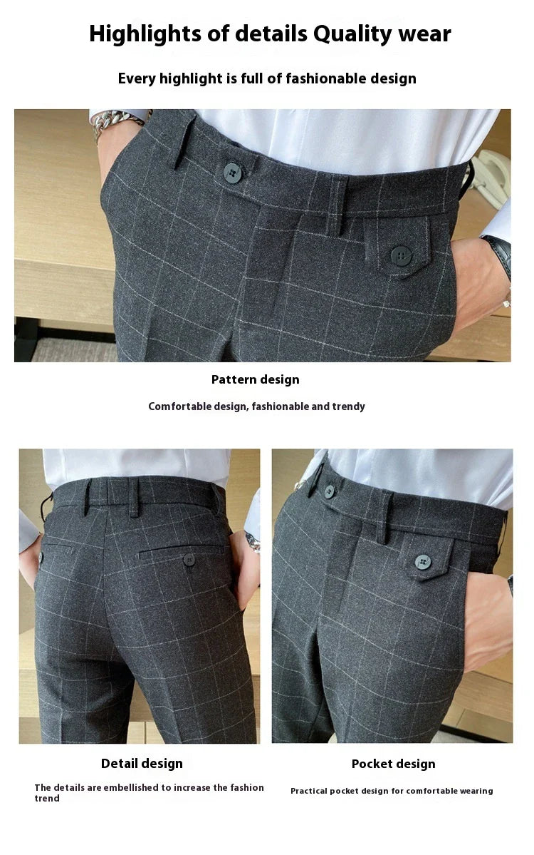 Korean-style checkered slim fit men's pencil pants in grey, black, and blue colors