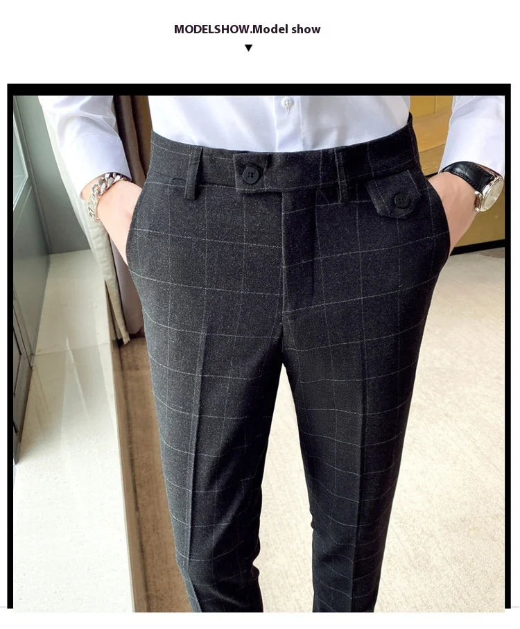 Korean-style checkered slim fit men's pencil pants in grey, black, and blue colors