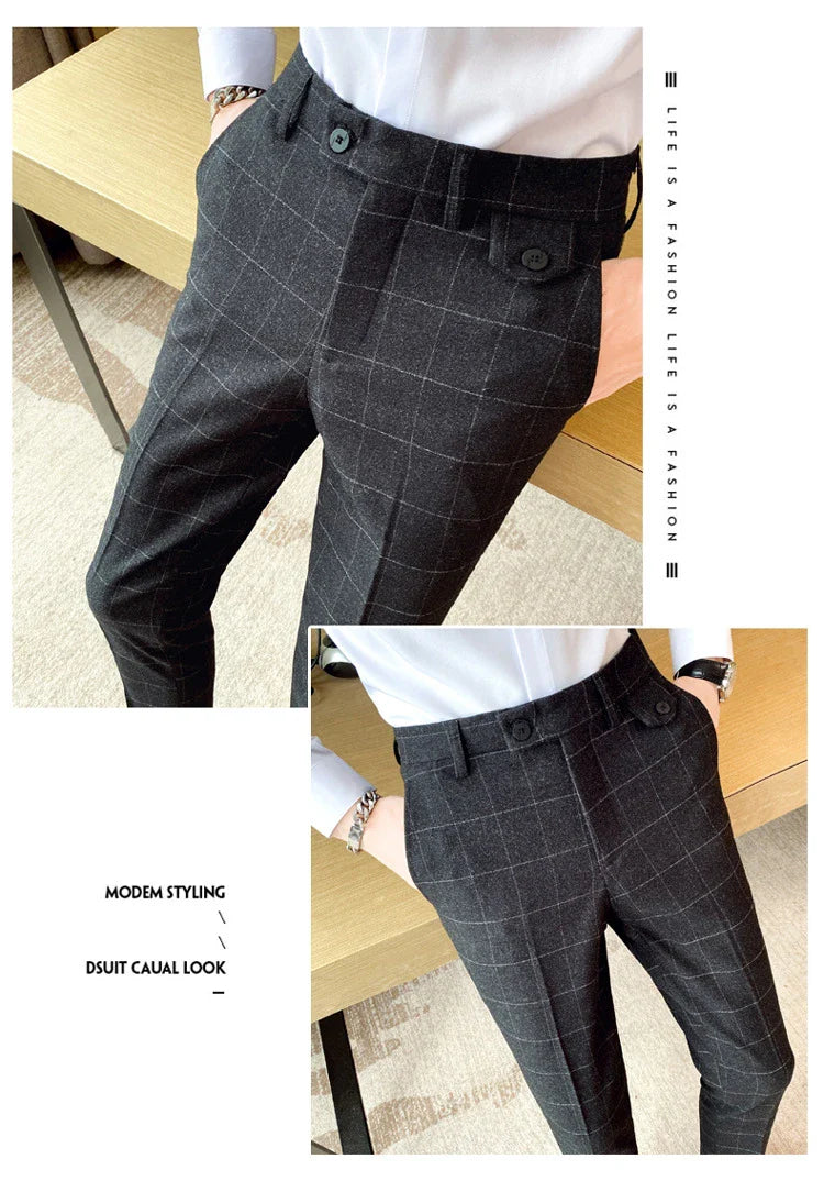 Korean-style checkered slim fit men's pencil pants in grey, black, and blue colors