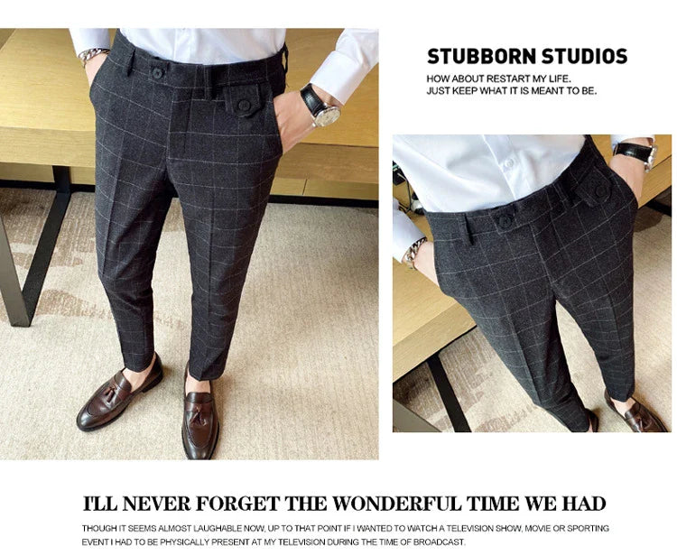 Korean-style checkered slim fit men's pencil pants in grey, black, and blue colors