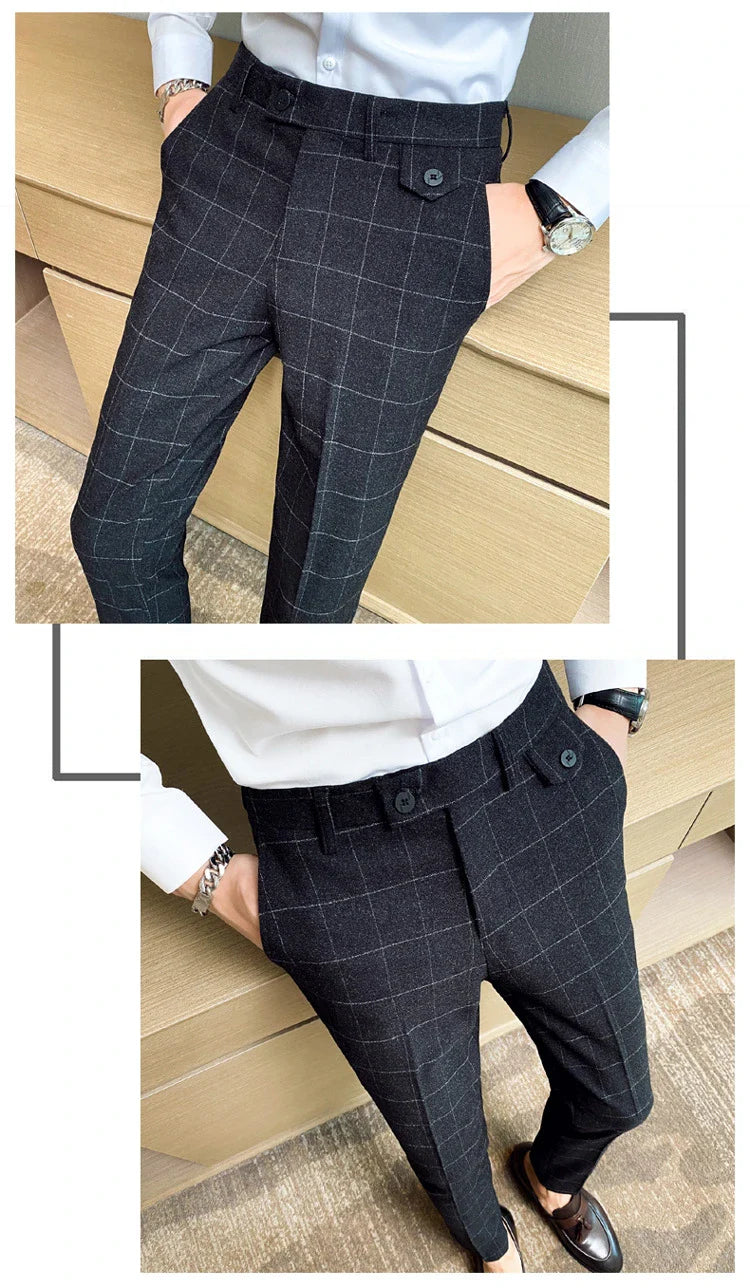 Korean-style checkered slim fit men's pencil pants in grey, black, and blue colors