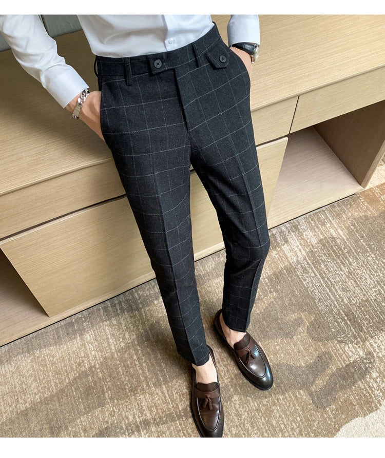 Korean-style checkered slim fit men's pencil pants in grey, black, and blue colors