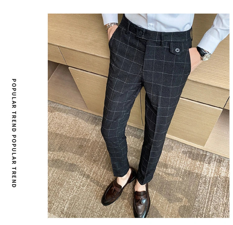 Korean-style checkered slim fit men's pencil pants in grey, black, and blue colors