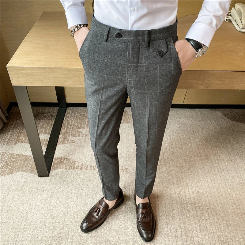 Korean-style checkered slim fit men's pencil pants in grey, black, and blue colors