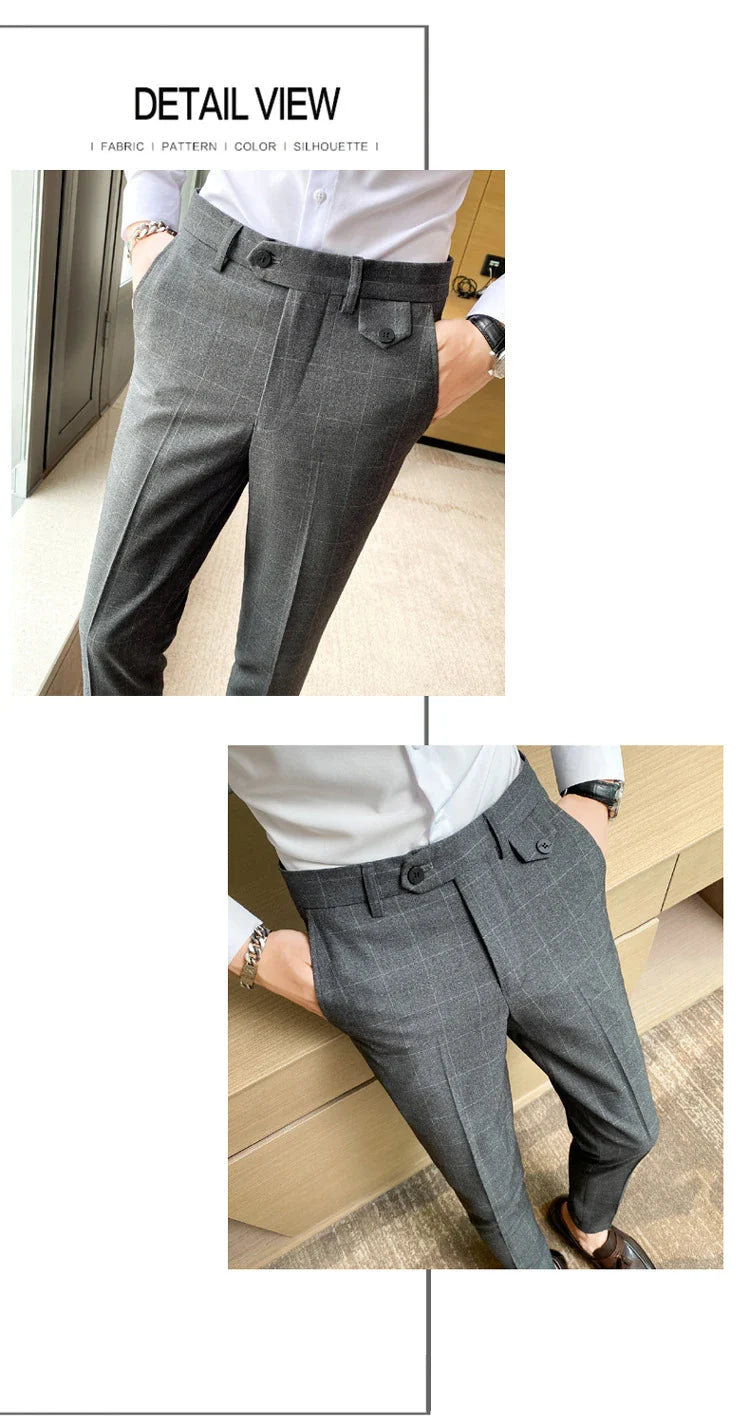 Korean-style checkered slim fit men's pencil pants in grey, black, and blue colors