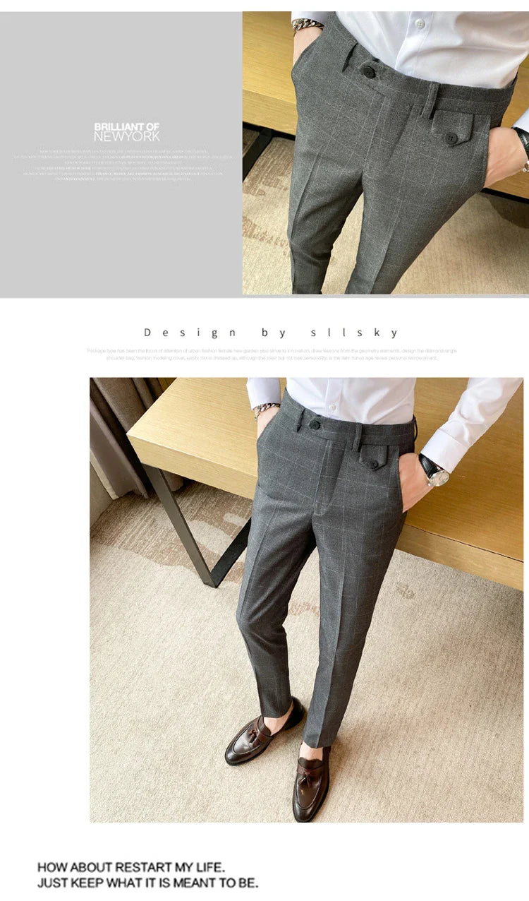 Korean-style checkered slim fit men's pencil pants in grey, black, and blue colors