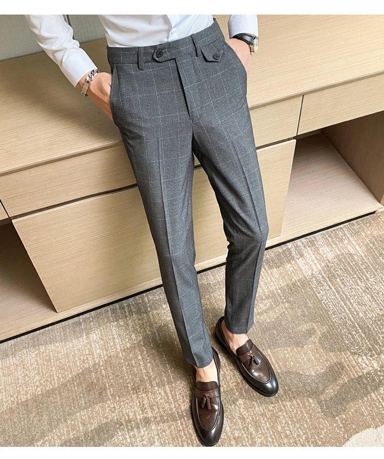 Korean-style checkered slim fit men's pencil pants in grey, black, and blue colors