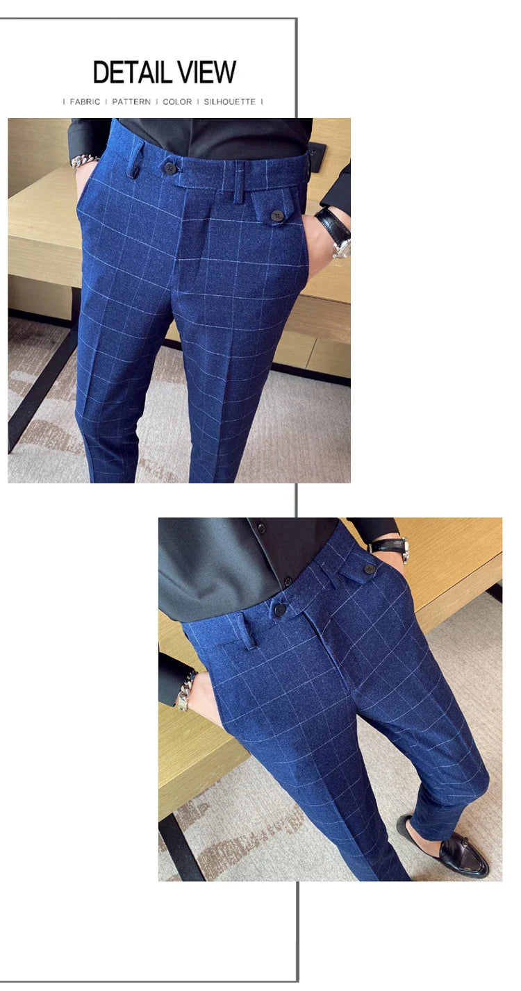 Korean-style checkered slim fit men's pencil pants in grey, black, and blue colors