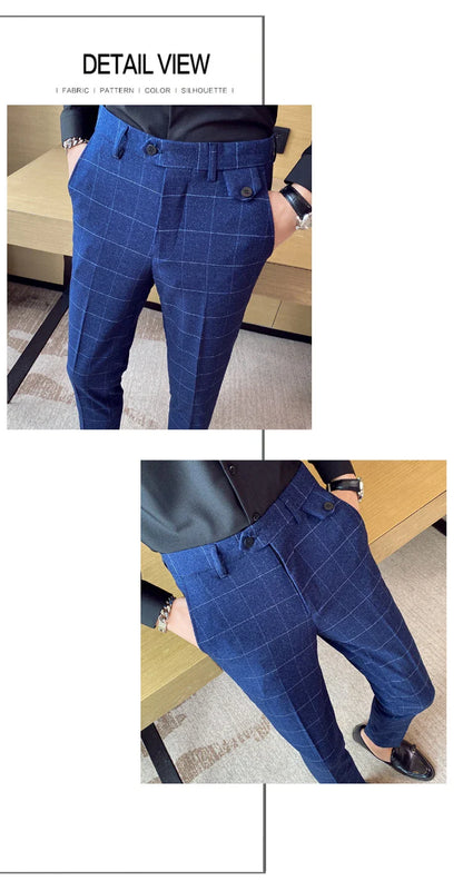 Korean-style checkered slim fit men's pencil pants in grey, black, and blue colors