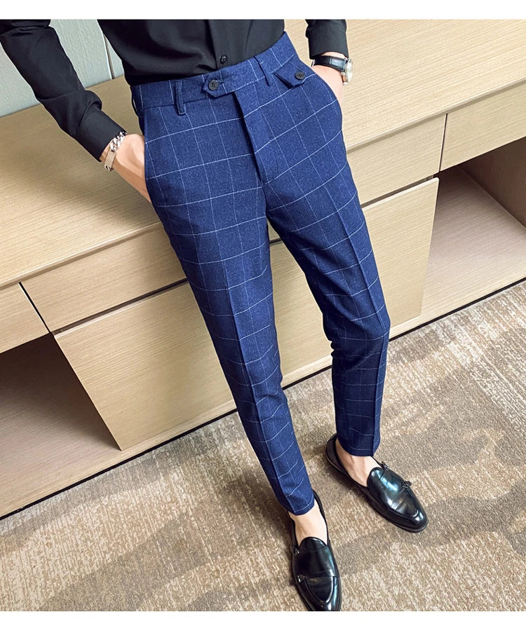 Korean-style checkered slim fit men's pencil pants in grey, black, and blue colors