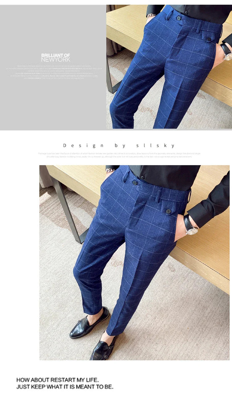 Korean-style checkered slim fit men's pencil pants in grey, black, and blue colors
