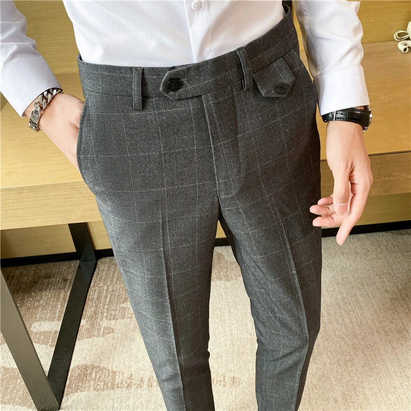 Korean-style checkered slim fit men's pencil pants in grey, black, and blue colors