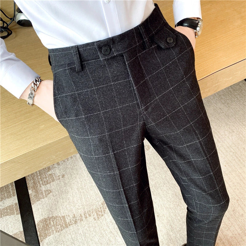 Korean-style checkered slim fit men's pencil pants in grey, black, and blue colors