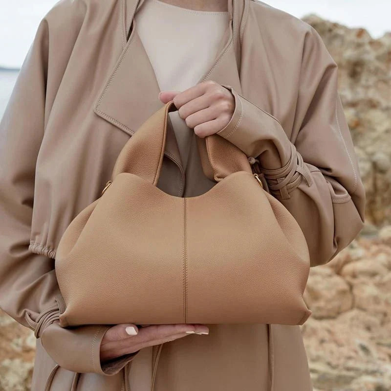 Luxurious ruched pleated PU leather tote bag in camel colour with adjustable straps and secure closure