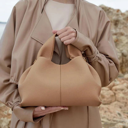 Luxurious ruched pleated PU leather tote bag in camel colour with adjustable straps and secure closure