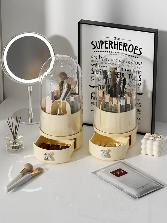 360 degree rotating makeup brush holder with clear acrylic cover and sliding drawer for organised brush storage