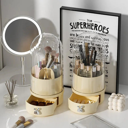 360 degree rotating makeup brush holder with clear acrylic cover and sliding drawer for organised brush storage