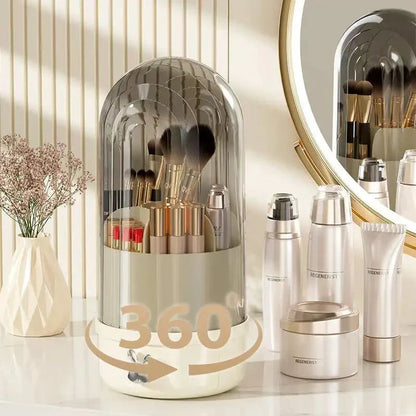 360 degree rotating makeup brush holder with clear acrylic cover and sliding drawer for organised brush storage