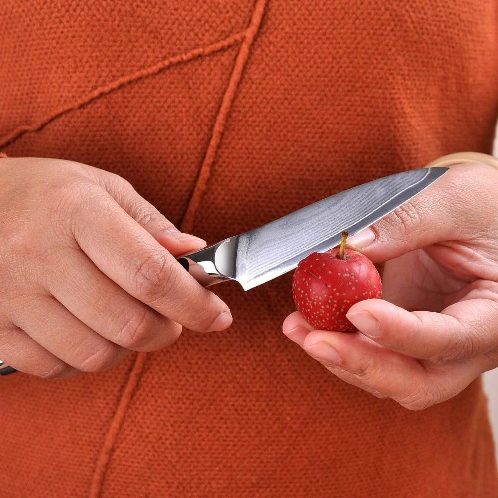 A premium Damascus steel fruit paring knife with a sleek, ergonomic design for effortless slicing and dicing in the kitchen.