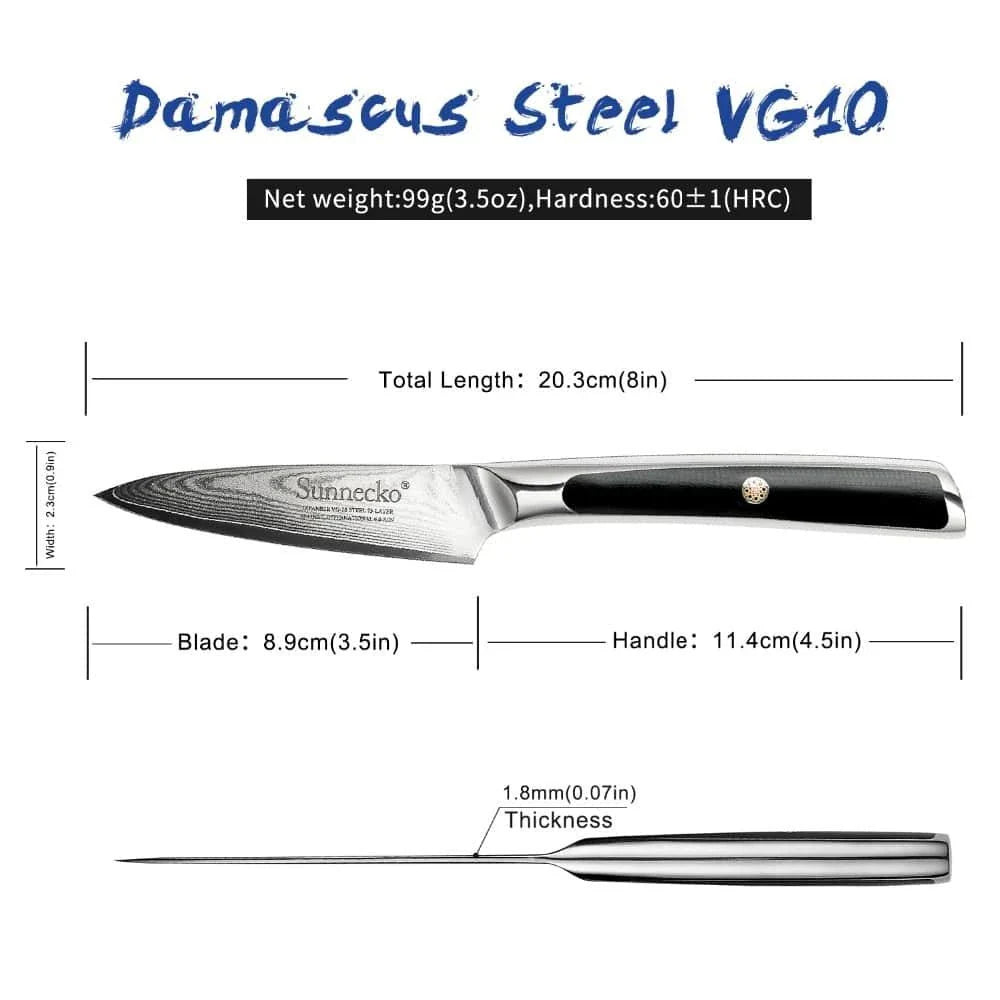 A premium Damascus steel fruit paring knife with a sleek, ergonomic design for effortless slicing and dicing in the kitchen.