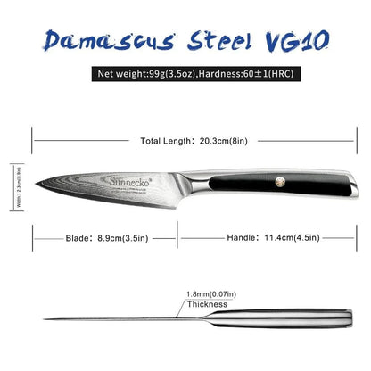 A premium Damascus steel fruit paring knife with a sleek, ergonomic design for effortless slicing and dicing in the kitchen.