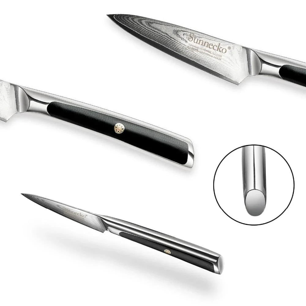 A premium Damascus steel fruit paring knife with a sleek, ergonomic design for effortless slicing and dicing in the kitchen.