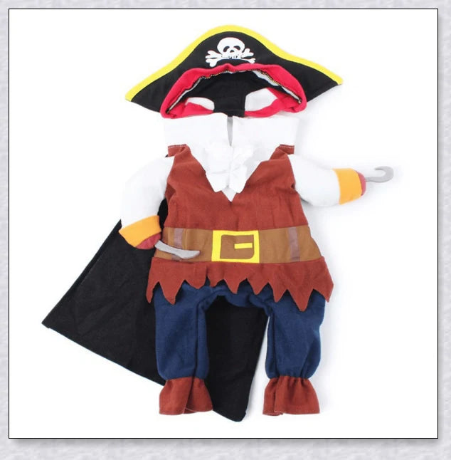 A cat wearing a pirate costume, designed to bring style and comfort to your feline friend during Halloween and other occasions.