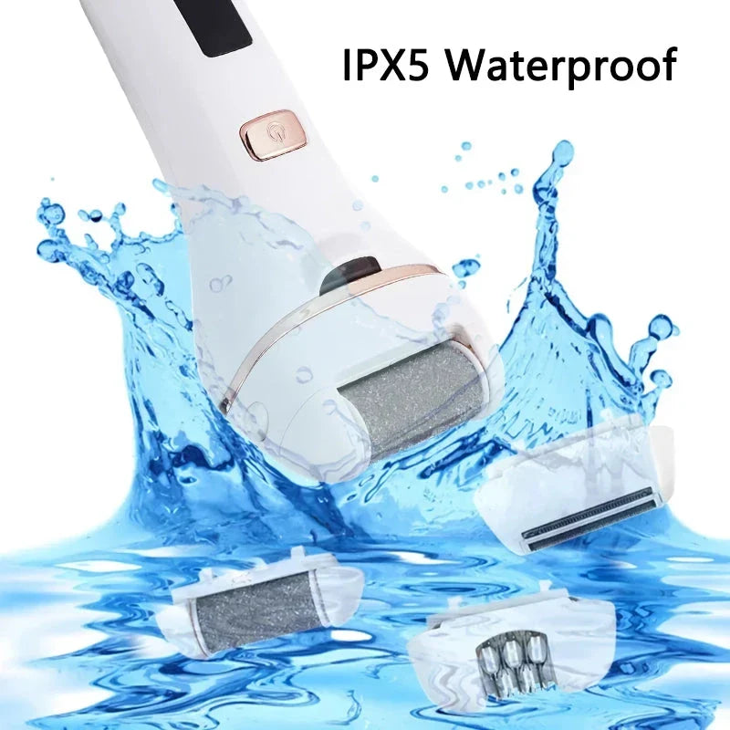4-in-1 electric lady shaver and foot callus remover with stainless steel blades, adjustable speeds, and LED light
