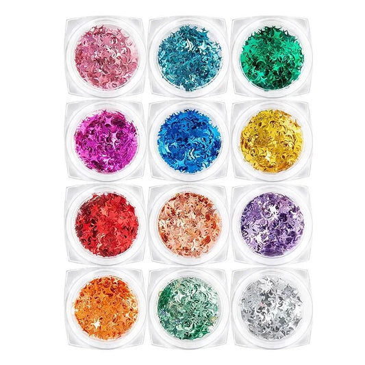 12 vibrant glitter star-shaped nail art sequins in a variety of eye-catching colours
