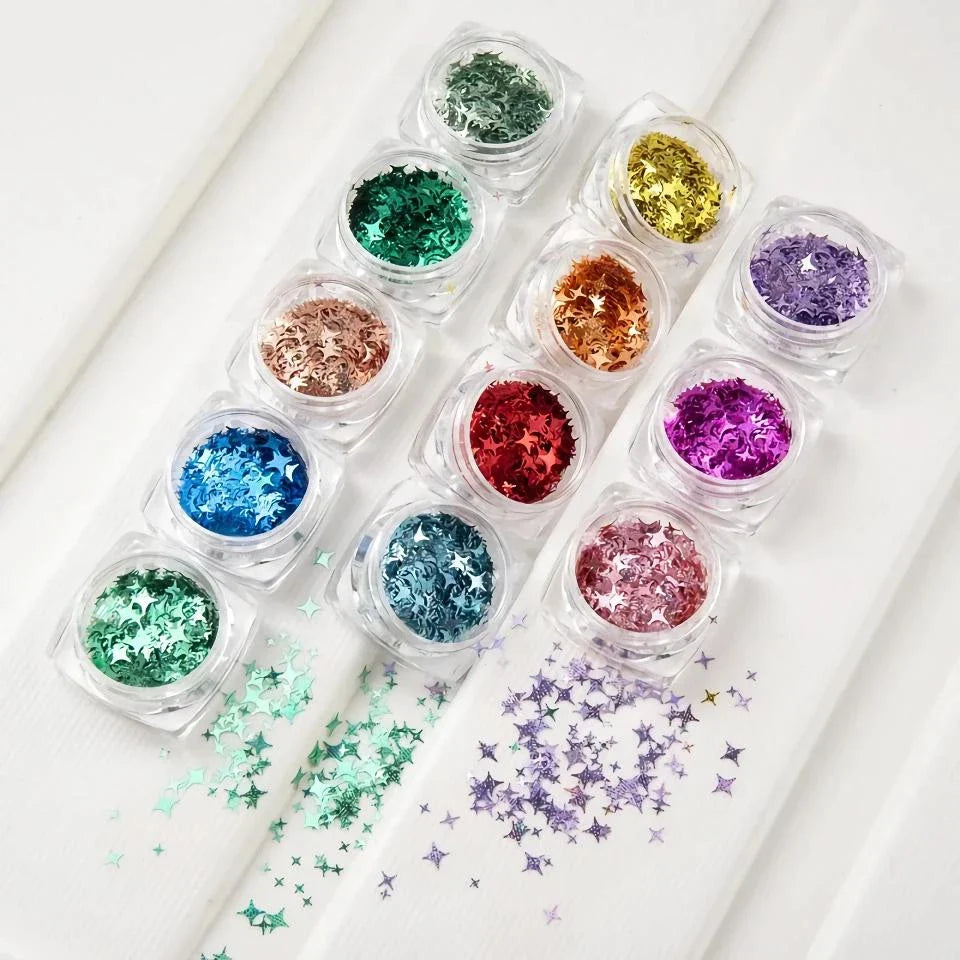 12 vibrant glitter star-shaped nail art sequins in a variety of eye-catching colours