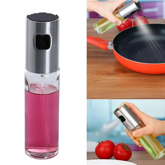 Premium Glass and Stainless Steel Oil Spray with a gold-coloured cap, designed to elevate your cooking experience with precision control and style.