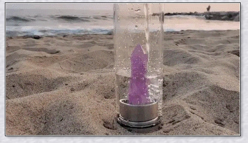 A natural crystal water bottle made of borosilicate glass, featuring a variety of healing crystals inside to enhance your hydration experience.