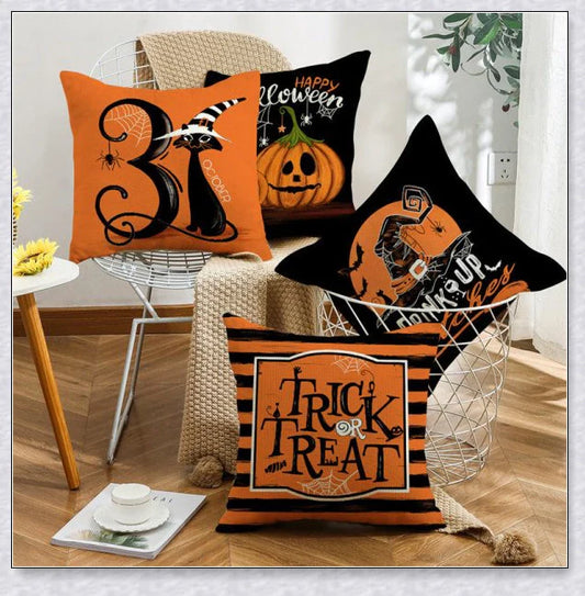 Pilloweep Halloween Sofa Pillowcase Collection with spooky skull, pumpkin, and crow designs